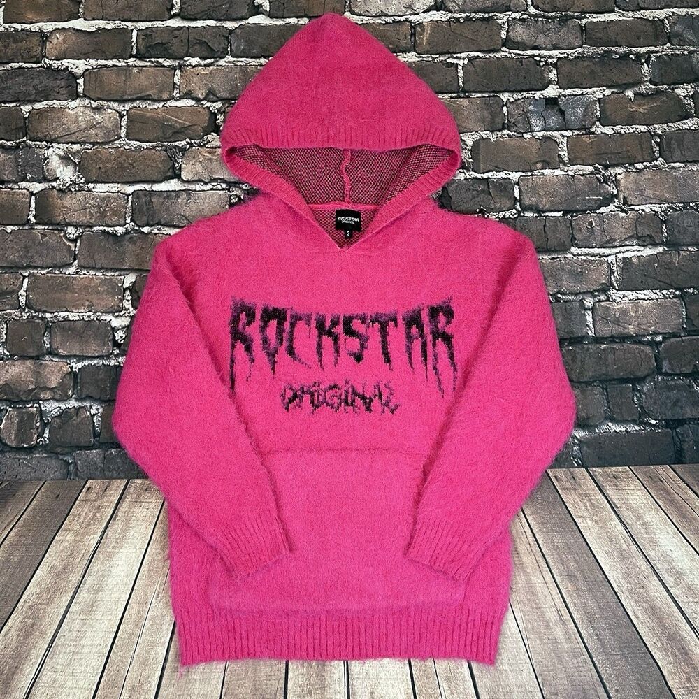 Rockstar Original Andros Pink Graphic Knitted Mohair Hoodie Size Small